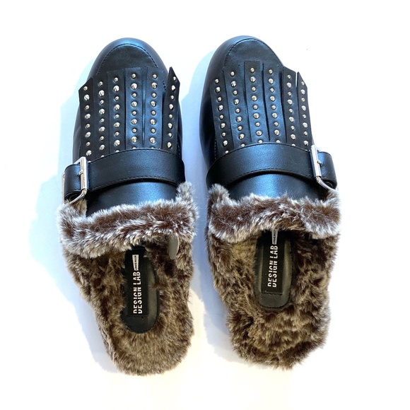 Design Lab Black Mules with studs and fur Sz 8 - Picture 1 of 5